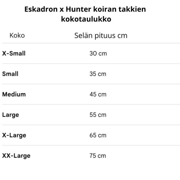 Eskadron x Hunter Koiran Takkien kokotaulukko